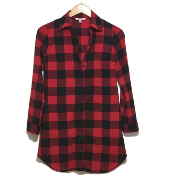 BB DAKOTA Steve Madden Buffalo Plaid Red Black Button Down Tunic Shirt Size XS - Picture 1 of 13